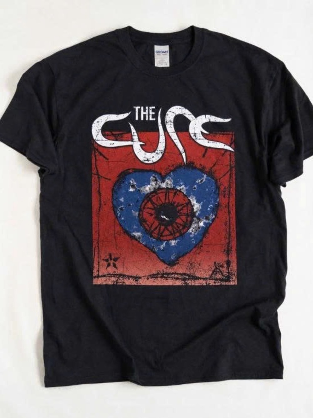 The Cure Black Graphic Band Tee with Red & Blue Heart Artwork